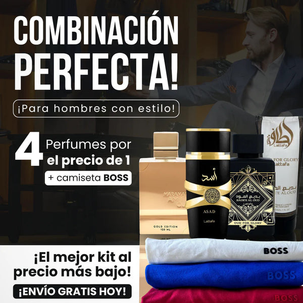 KIT 4 Perfumes + Camiseta HB ( Lataffa Bade'e Asad Negro , Haramaind Amber + Crema Lattafa )